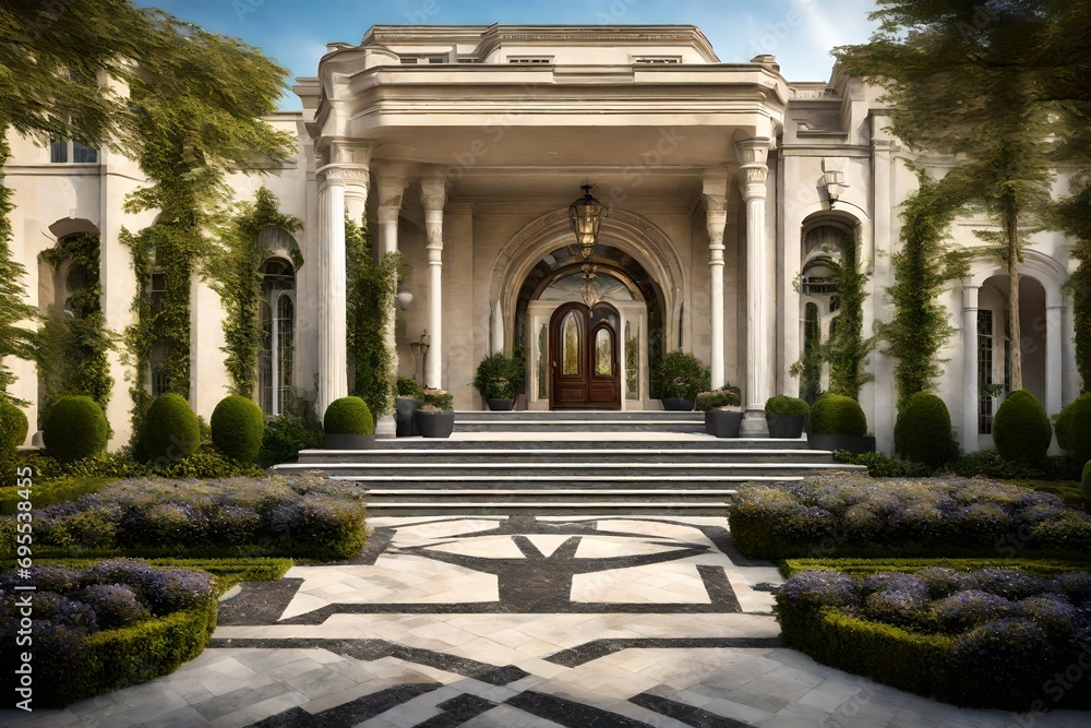 A luxurious estate with a grand entrance and symmetrical landscaping, conveying a sense of opulence and prestige.