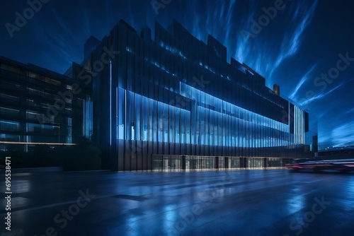 A cutting-edge office building facade, illuminated by a dramatic play of lights, creating a futuristic and dynamic presence against the night sky.