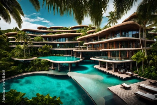 An upscale hotel with modern architecture, surrounded by lush tropical vegetation, blending seamlessly with the azure lagoon in the background. © lala