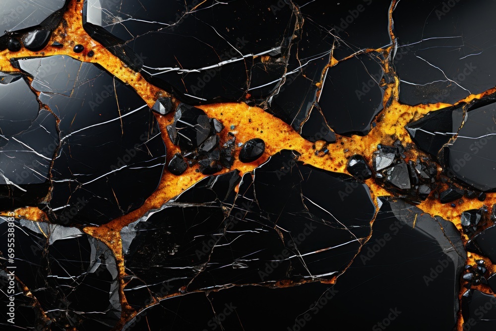 a close up of a black and yellow object with a black background and a ...