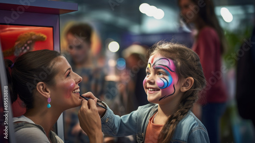 A face painting booth with kids getting their faces painted.
