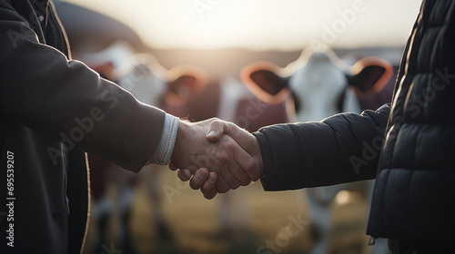 Close up of handshake of two farmers in jacket against the background with cows