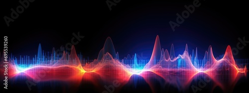 Colorful 3D music sound waves or earthquake seismogram with wiggly lines on dark background