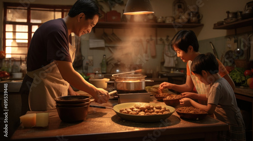 A family cooking traditional dishes such as nian gao rice cake .