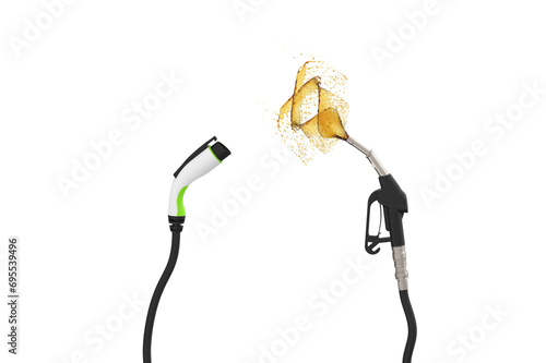 Electric vehicle charging plug vs gas nozzle isolate on white background. Alternative future with renewable energy.