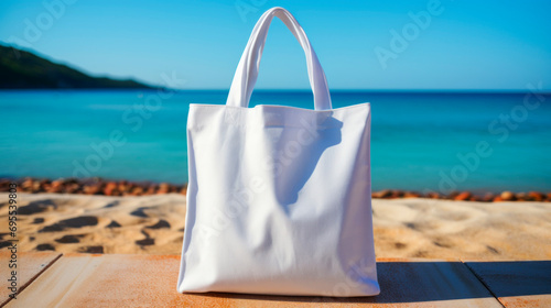 Mock-up of empty reusable rectangular canvas bag. Eco-friendly shopping bag made of natural material. Layout for presentation of design or brand. Background of beach, sea blue sky. Copy space