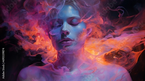 Close up portrait of a woman with colorful smoke around her face. Generative AI.