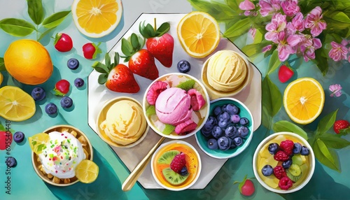 delicious summer indulgence tempting flatlay of fruit infused dessert with mouthwatering ice cream delights generative ai digital illustration
