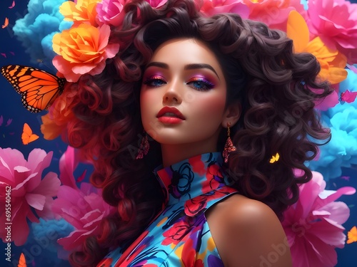 woman with colorful makeup and flowers, colorful girl 