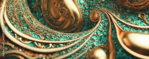 a close up of a gold and turquoise colored object