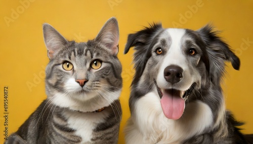 grey striped tabby cat and a border collie dog with happy expression together on yellow background