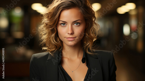 Portrait of smiling young multiethnic woman looking at camera with crossed arms. Successful latin business woman standing in modern office with copy space. Young university hispanic girl with smile. 