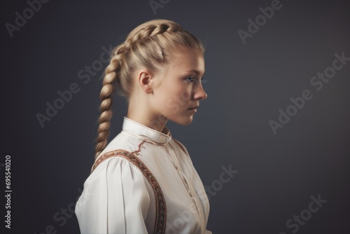 Profile Portrait of a Young Nordic Woman with Braided Hair and Traditional Attire. Generative AI.
