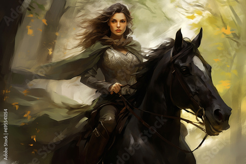 A female warrior rides a horse