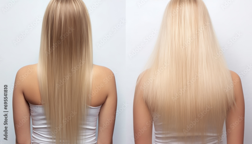 Naklejka premium Blonde hair transformation: from dull and unruly to smooth, shiny, and voluminous. generative ai