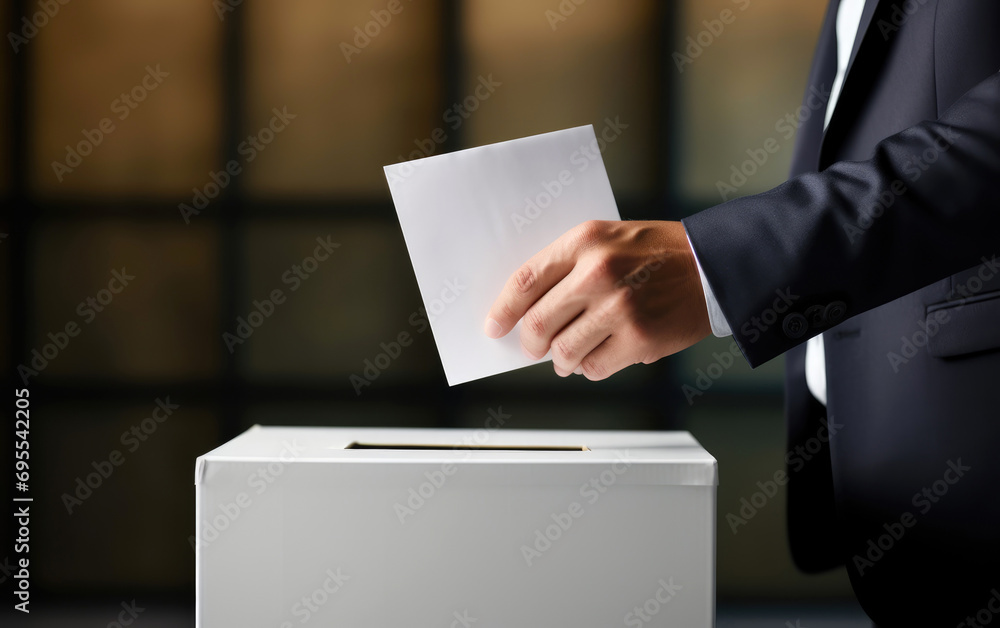 Man putting his vote into ballot box, blurred background Man putting his vote into ballot box, blurred background