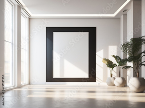 Interior of empty office hall with white and wooden walls, concrete floor, horizontal mock up poster frame and potted plant. Concept of advertising. 3d rendering stock video Mockup, Poster, Border - F © Snap Stock Gallery