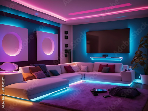 Colored LED lighting home cinema living room interior Design.