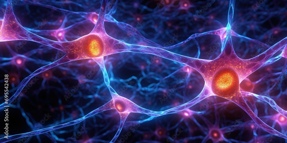 Generative AI, neuron cells with glowing background, knots in abstract dark space. Neural network Generative AI, neuron cells with glowing background, knots in abstract dark space. Neural network