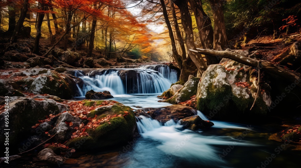 A waterfall that is both beautiful and colorful is located in a deep forest during an idyllic autumn.