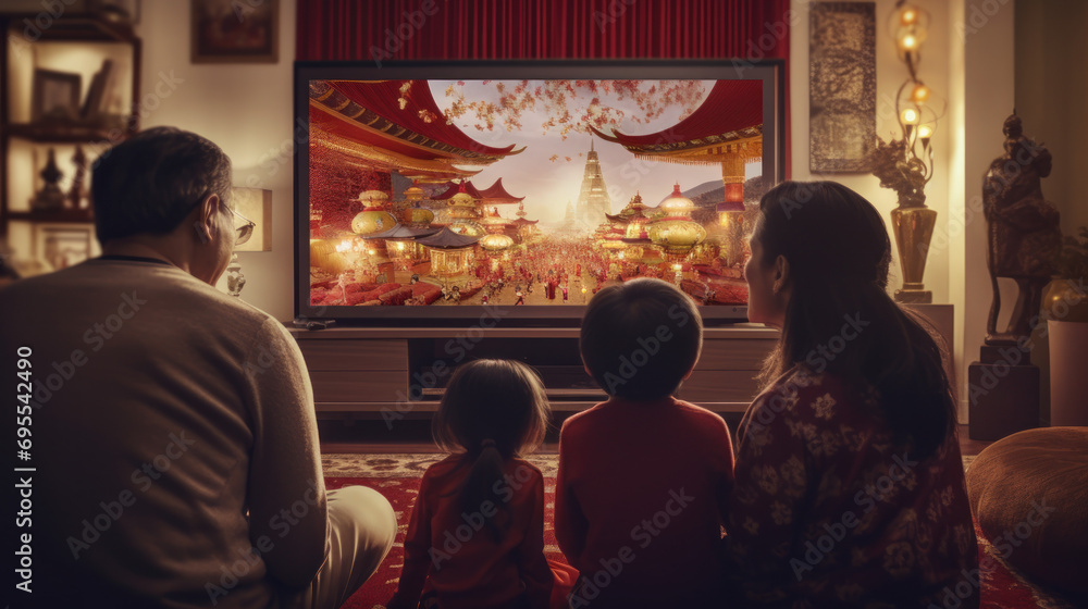 A family watching a Chinese New Year gala on television. A family watching a Chinese New Year gala on television.