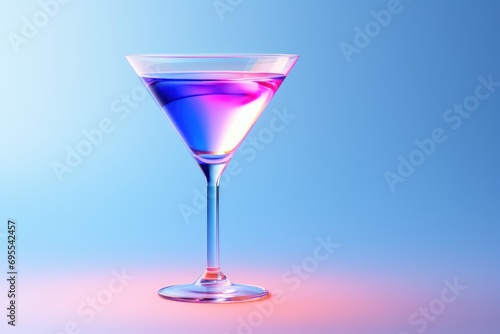  a close up of a martini glass with a blue and pink liquid in the middle of the glass, on a blue and pink background that appears to be a soft light.