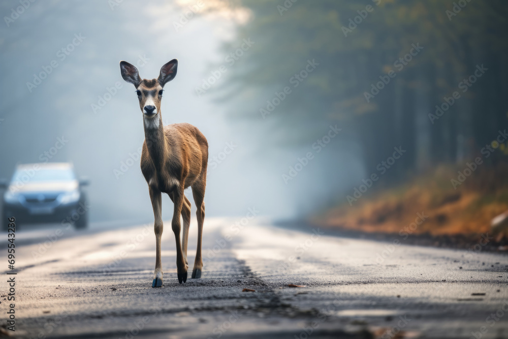 Wild animal on asphalt road in foggy morning, dangerous situation for driver on the road. Deer crossing car road near forest - obrazy, fototapety, plakaty 