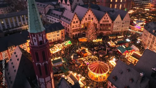 Christmas Market on Romerberg Square in Evening, Frankfurt am Main, Hesse, Germany. Aerial Drone Shot Weihnachtsmarkt photo