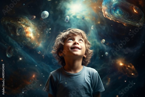 A little boy exploring galaxies and the universe, looking up into the sky