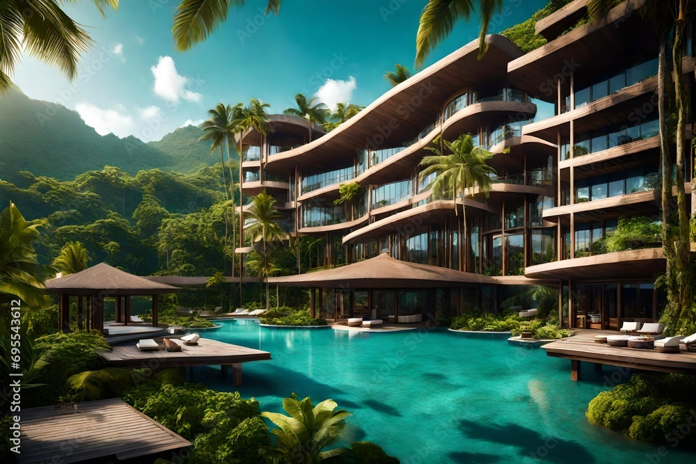 An upscale hotel with modern architecture, surrounded by lush tropical vegetation, blending seamlessly with the azure lagoon in the background.