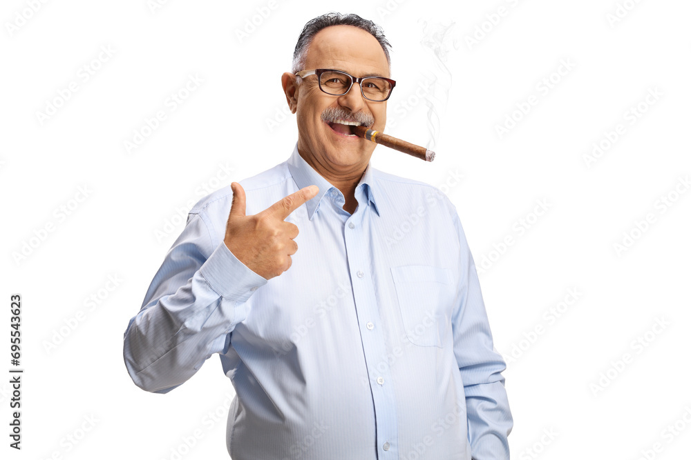Mature man smoking a cigar and pointing Mature man smoking a cigar and pointing