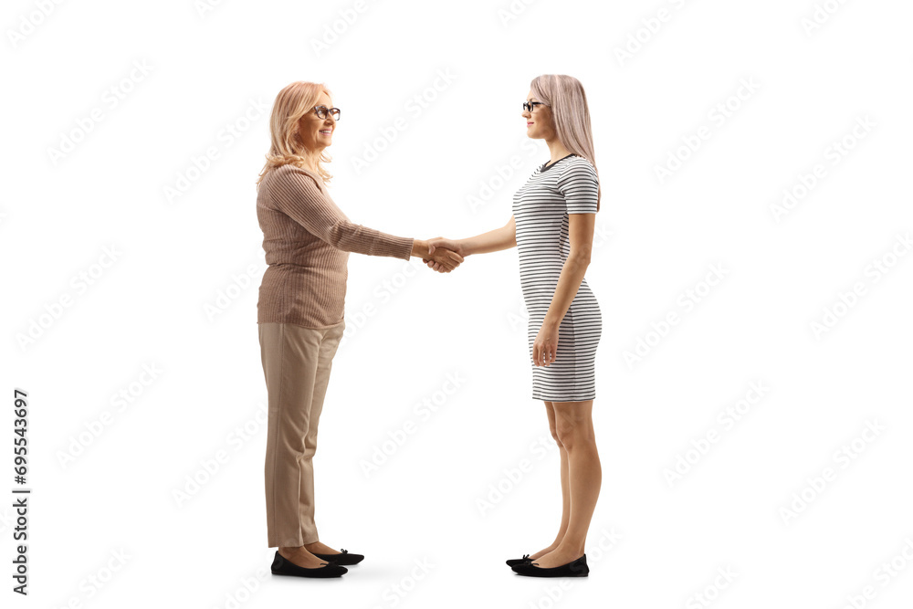 Profile shot of a two women shaking hands