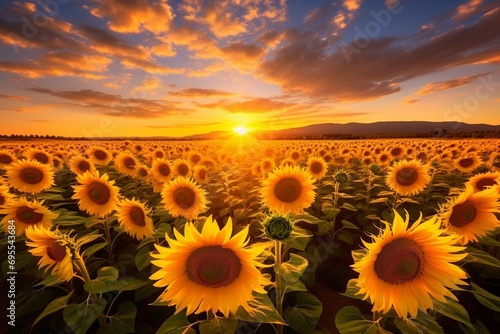field of sunflowers at sunset, backlight illuminates the leaves, clouds are moving towards sun, mountains at background, golden hour