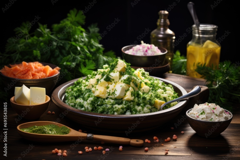  a wooden table topped with a bowl of food next to a bowl of vegetables and a bottle of olive oil next to a bowl of diced carrots and parsley.