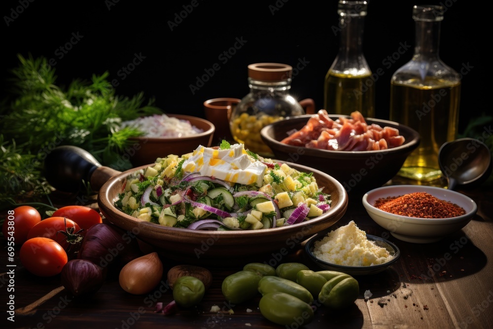 a table topped with bowls of food next to olives, peppers, onions, onions, and other foodstuffs on top of a wooden table next to bottles of olives. a table topped with bowls of food next to olives, peppers, onions, onions, and other foodstuffs on top of a wooden table next to bottles of olives.
