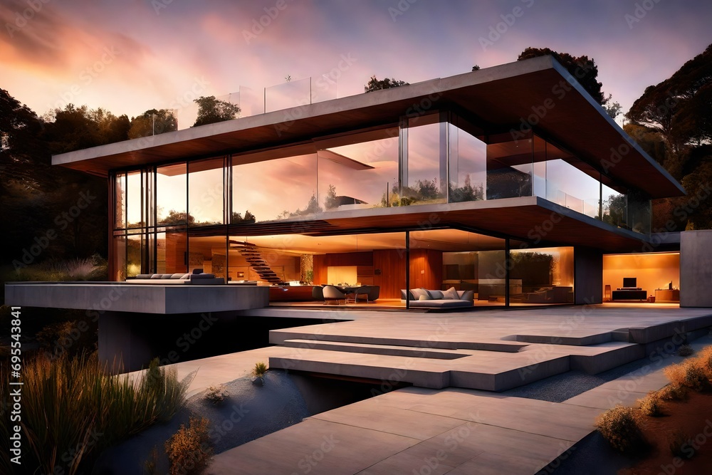 A cutting-edge modern house with a seamless blend of glass and concrete, basking in the warm glow of sunset