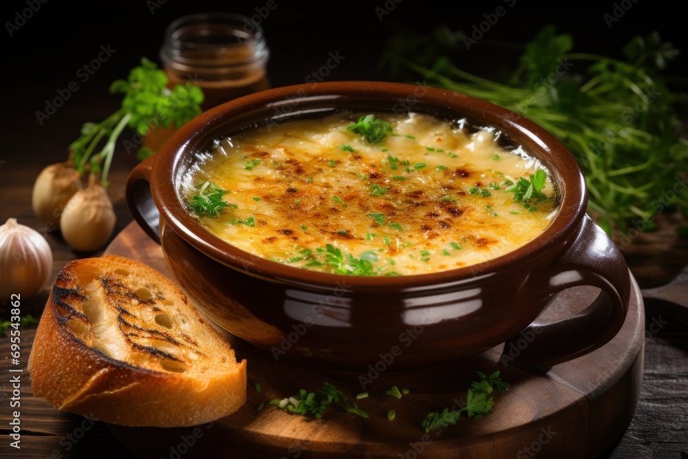  a bowl of soup sitting on top of a wooden table next to a piece of bread and a garlic and parsley garnished with parsley on the side.