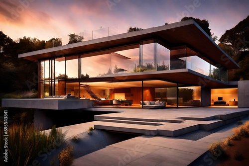 A cutting-edge modern house with a seamless blend of glass and concrete  basking in the warm glow of sunset