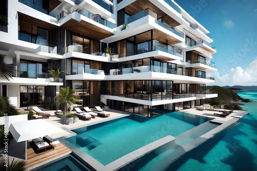 A chic apartment complex with contemporary design, featuring private balconies overlooking the pristine white-sand beaches and crystal-clear ocean.