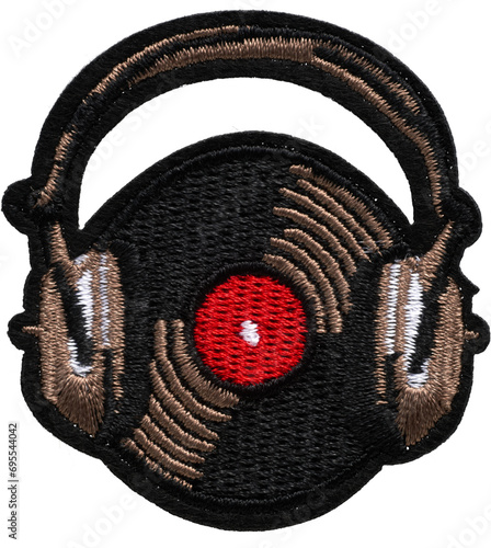Photography Embroidered vinyl record with headphones patch top view isolated on transparent