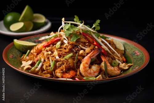  a close up of a plate of food with shrimp, noodles, and garnishes on a table next to limes and a lime slice of lime.