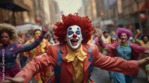 A fun and colorful clown parade entertaining the crowd. © Denis Bayrak