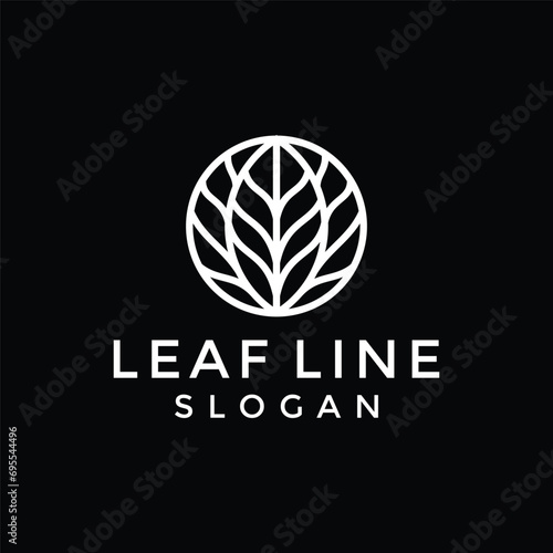 Tropical plant logo. Outline emblem flower or feather in a circle in linear style.