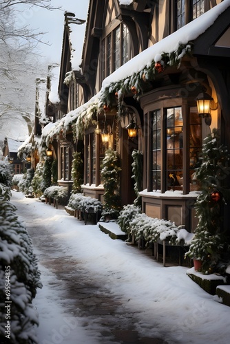 Historic houses in the snow in Boston, Massachusetts, USA.