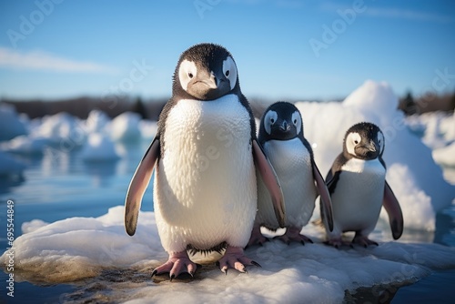  a group of three penguins standing on top of an ice floet next to a body of water with icebergs in the background and a blue sky.