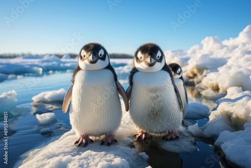  two penguins standing next to each other on a rock in the middle of a body of water with ice floating on the water and ice floes in the background.