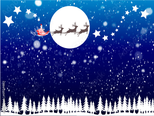 Merry Christmas background in blue sky Santa Claus carrying gift in reindeer sladge in front of fullMoon snow flakes over pine forest trees. 2023.