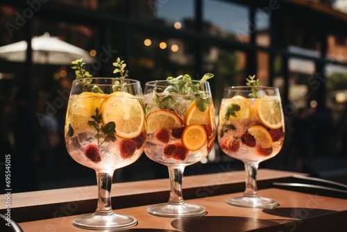  three glasses filled with different types of fruit and veggies sitting on top of a wooden table next to a glass filled with water and lemons and strawberries.