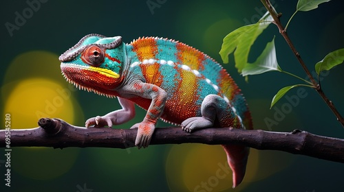 The chameleon panth is lovely and perched on a branch.