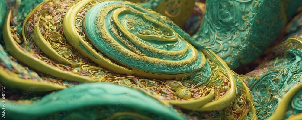 a close up of a green and gold swirl